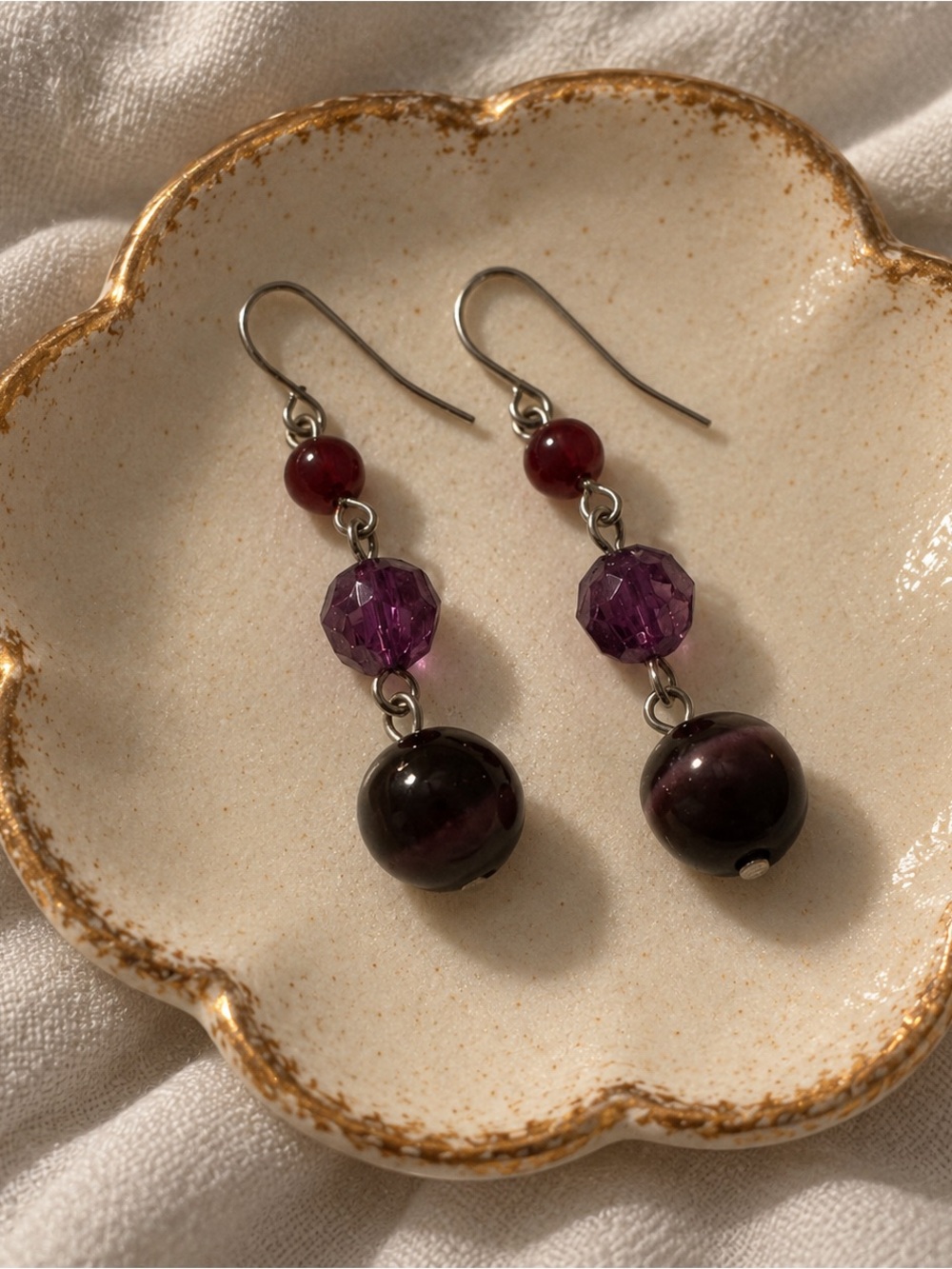 Purple Bead Drop Earrings - Unbranded